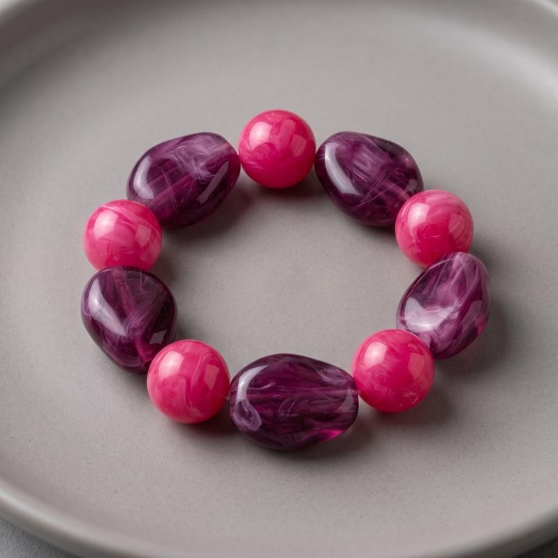 Pembe Mor Boncuklu Trend Taşlı Bileklik