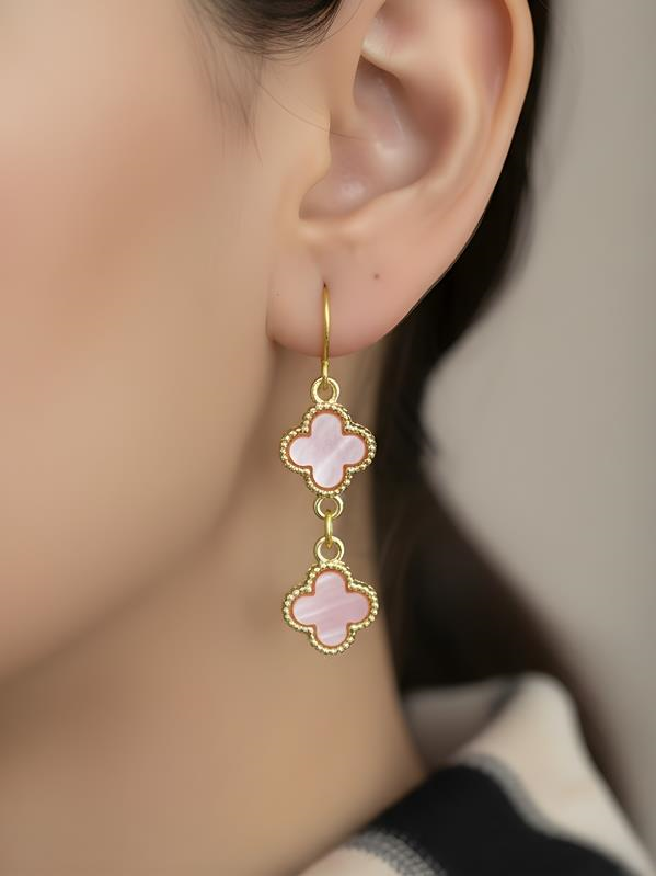 Gold Renk İkili Pembe Yonca Küpe