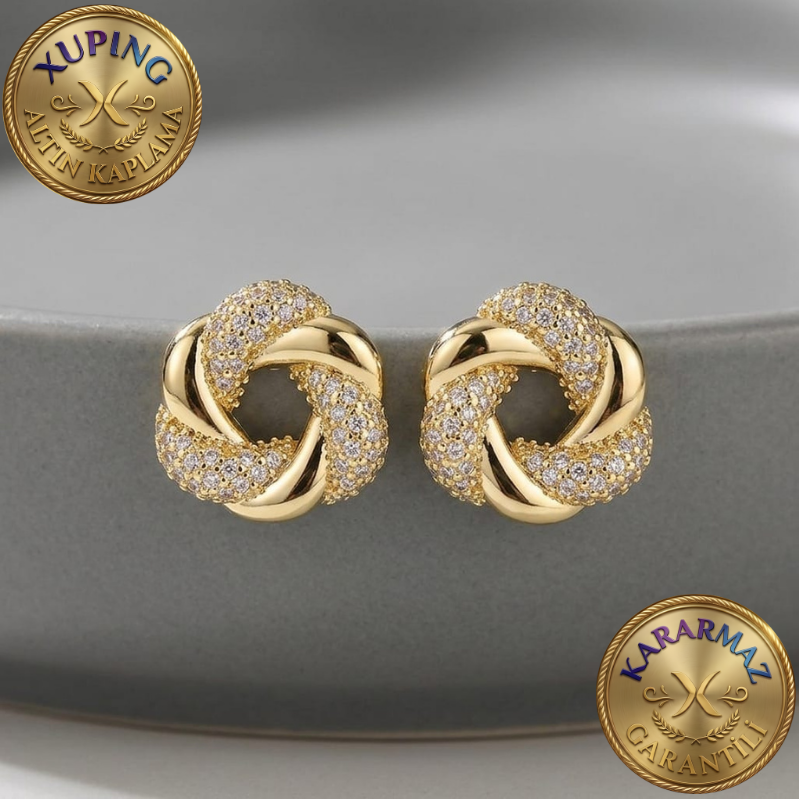 Zirkon Taşlı Altın Kaplama Gold Sarmal Düğüm Küpe
