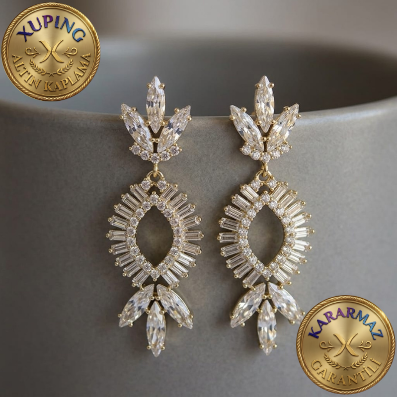 Mekik ve Baget Zirkon Taşlı Altın Kaplama Gold Gösterişli Abiye Küpe