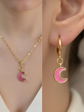 Pembe Hilal Detay Kadın Kolye Küpe Set