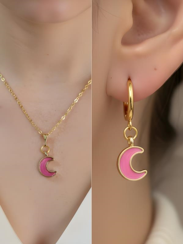 Pembe Hilal Detay Kadın Kolye Küpe Set
