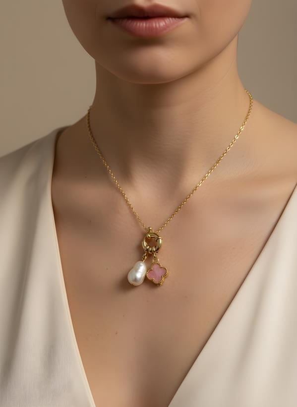 İncili Pembe Yonca Kolye