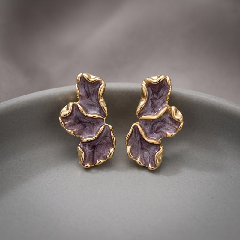 Gold Renk Mor Mineli Yaprak Küpe