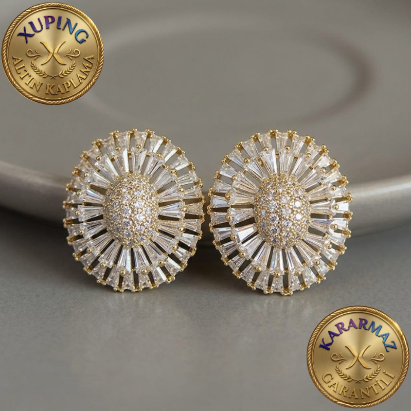 Baget ve Mikro Zirkon Taşlı Altın Kaplama Gold Gösterişli Yuvarlak Küpe