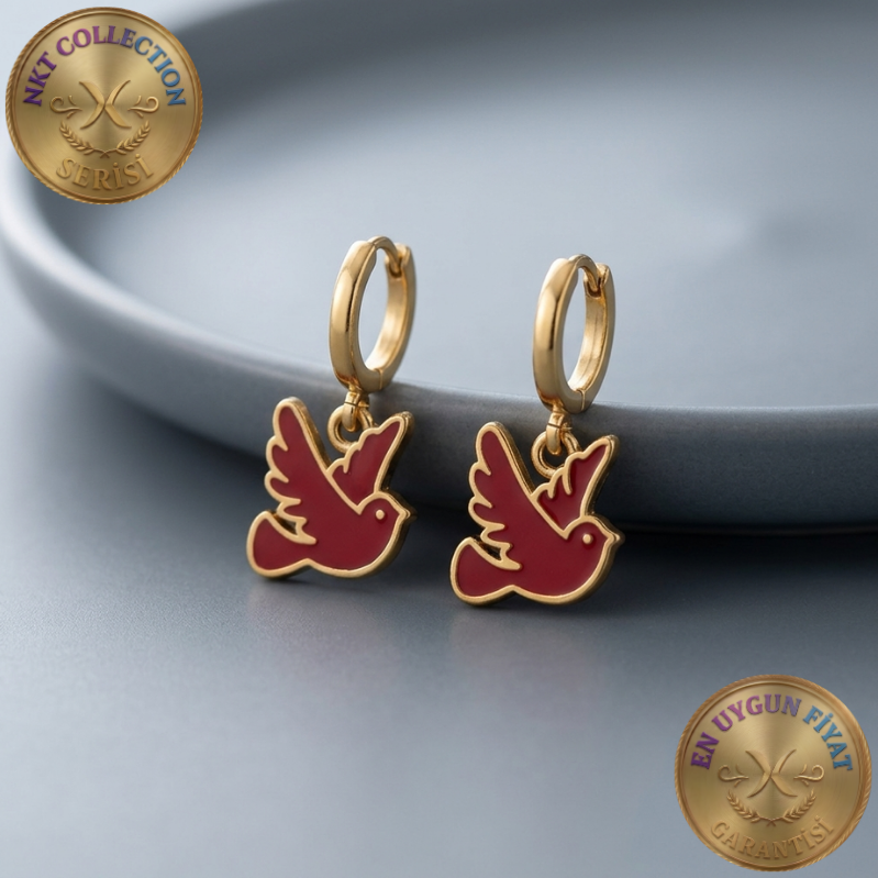 Bordo Mineli Kuş Figürlü Gold Renkli Küpe