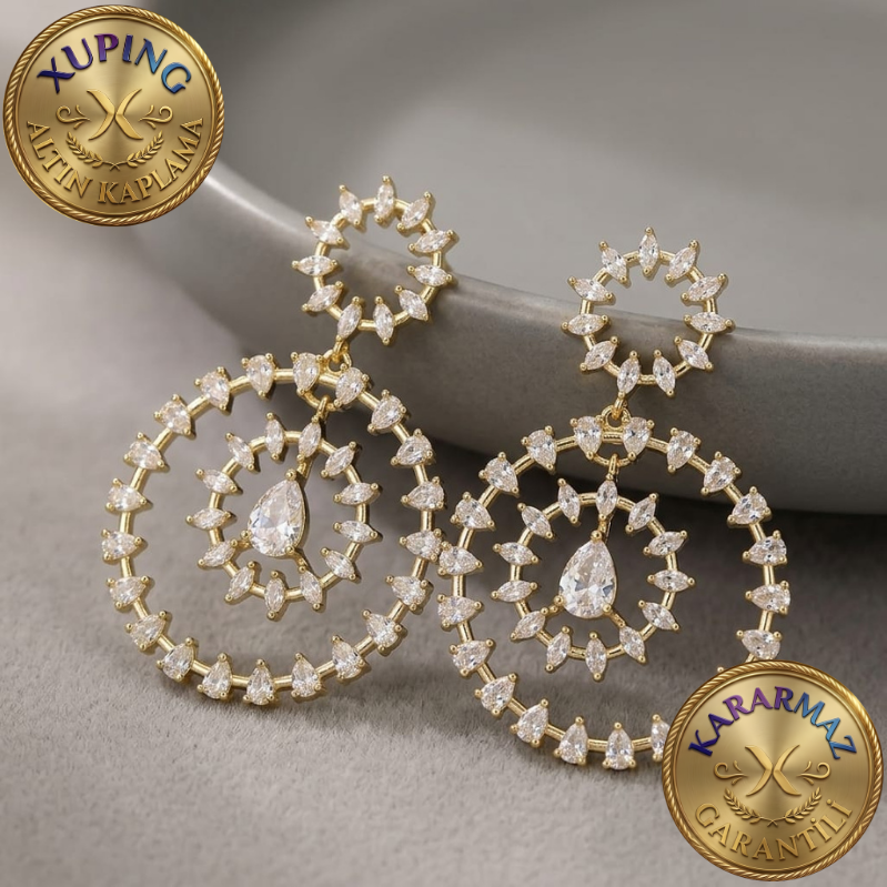Damla ve Mekik Zirkon Taşlı Altın Kaplama Gold Gösterişli Halka Abiye Küpe