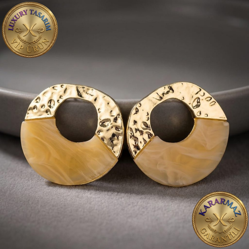 Dövme Dokulu Gold ve Mermer Desenli Reçine Halka Luxury Kararmaz Küpe