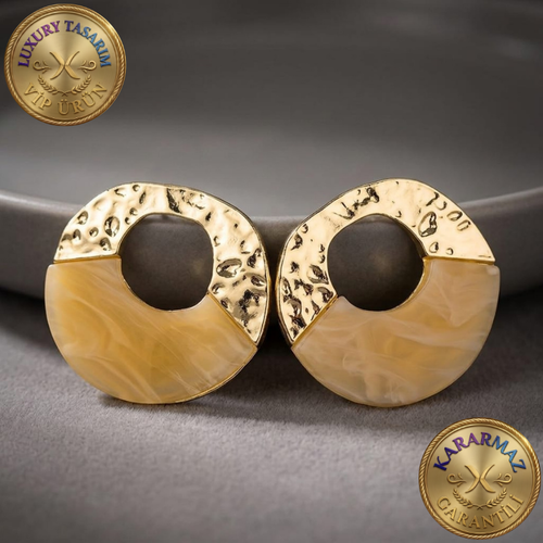Dövme Dokulu Gold ve Mermer Desenli Reçine Halka Luxury Kararmaz Küpe