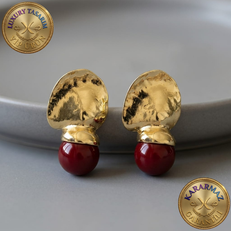 Dövme Gold Bordo İnci Detaylı Luxury Kararmaz Küpe
