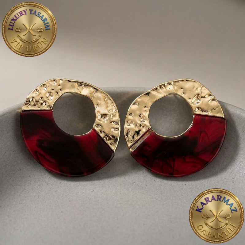 Dövme Gold Dokulu Bordo Reçine Halka Luxury Kararmaz Küpe