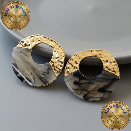 Dövme Gold Siyah Mermer Halka Luxury Kararmaz Küpe