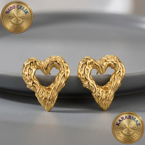 Erimiş Metal Dokulu Açık Kalp Gold Kararmaz Çelik Küpe