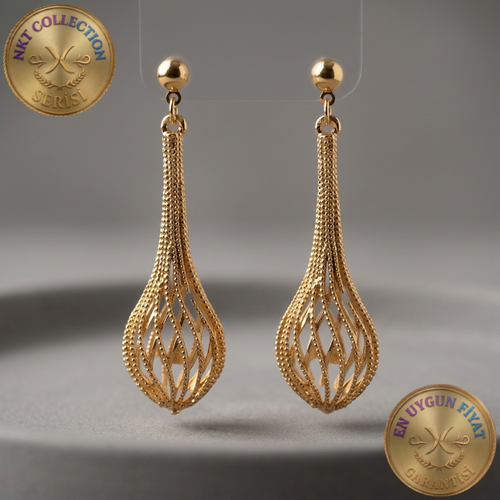 Filigran İşlemeli Uzun Damla Formlu Gold Küpe