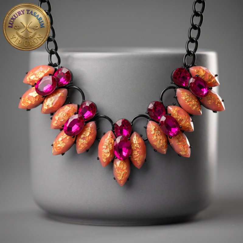Fu Pembe ve Turuncu Taşlı Luxury Kolye
