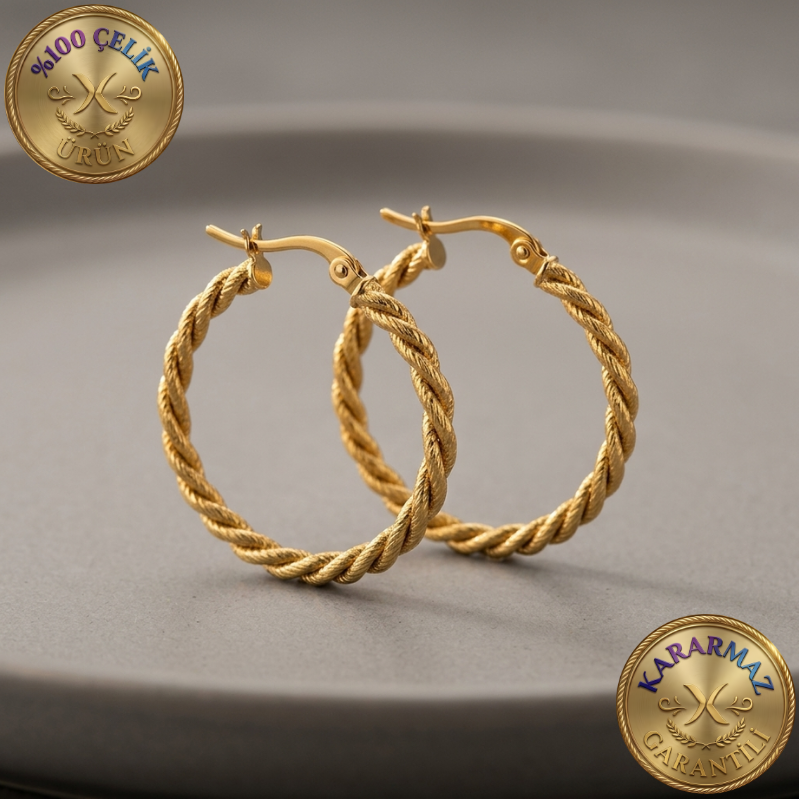 Gold Burgu Tasarım Halka Kararmaz Çelik Küpe