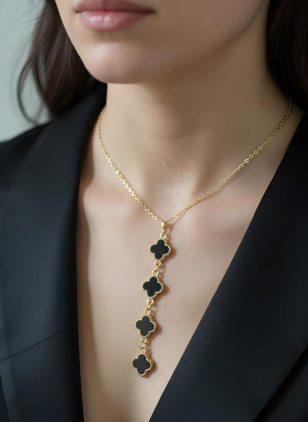 Gold Renk Siyah Yonca Kolye