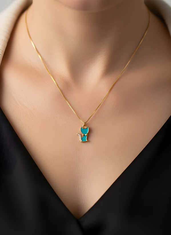 Gold Renk Taşlı Kedi Kolye