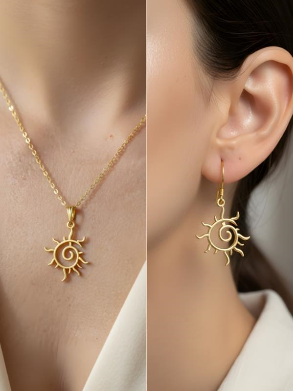 Güneş Spiral Detay Kadın Kolye Küpe Set