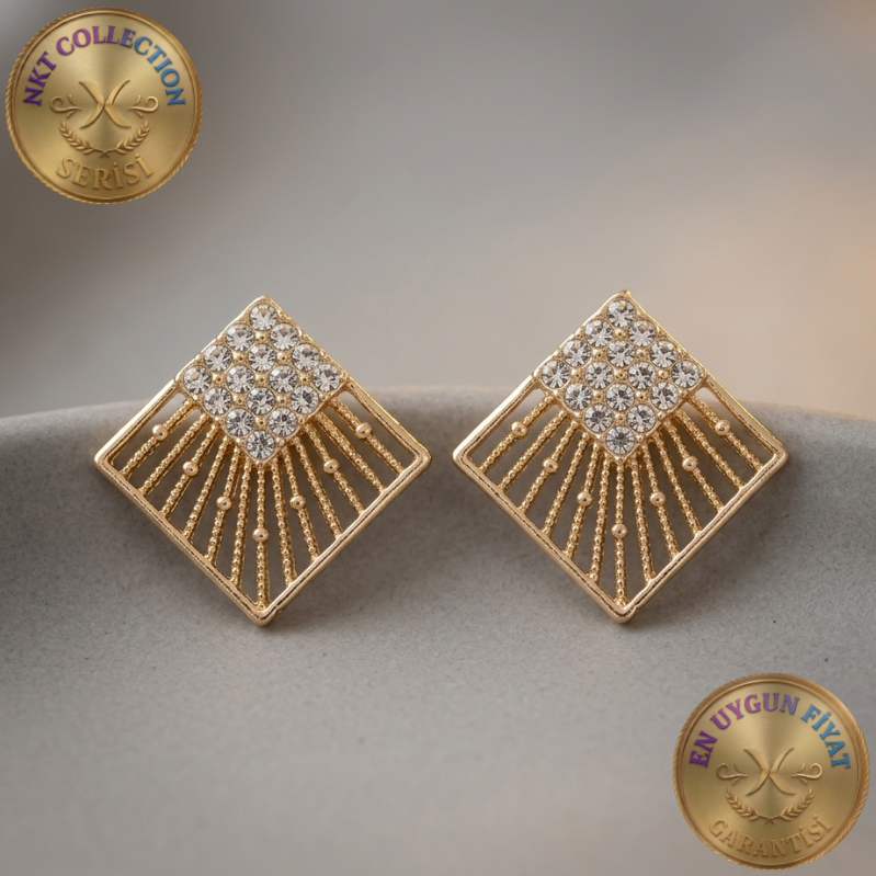 Kristal Taşlı Işıltılı Kare Formlu Küpe