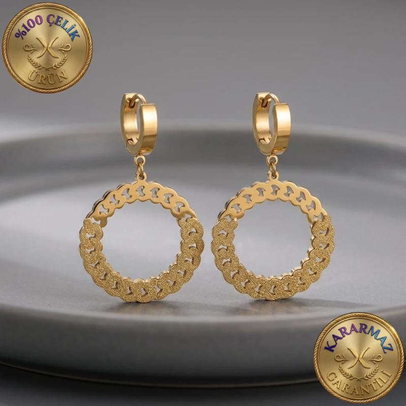 Kumlama Dokulu Örgü Motifli Çember Gold Sallantılı Kararmaz Çelik Küpe