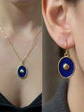 Lacivert Oval Deniz Kabuğu Kadın Kolye Küpe Set