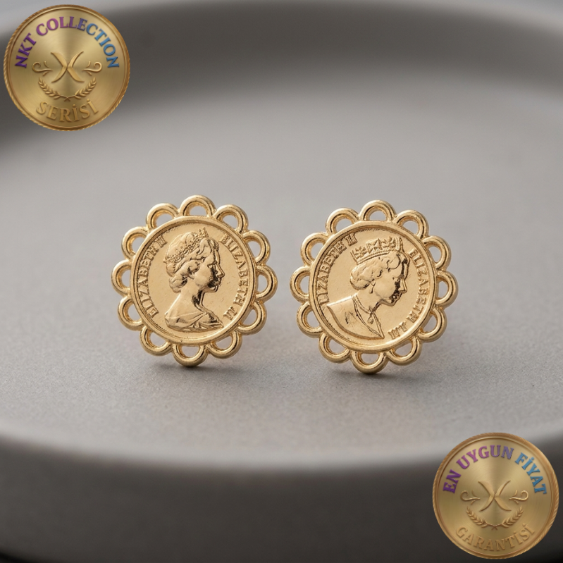 Madalyon Formlu Gold Renk Zarif Küpe