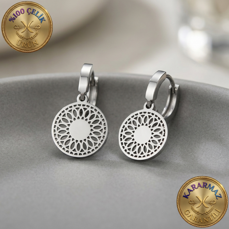 Mandala Motifli Sallantılı Kararmaz Çelik Küpe