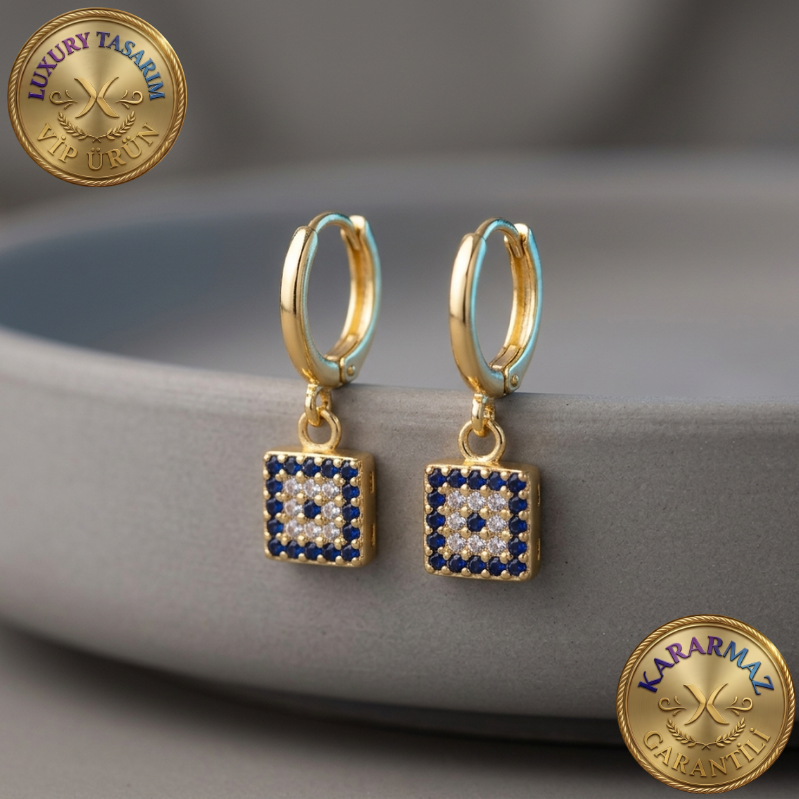 Mavi Kare Taşlı Sallantılı Luxury Kararmaz Küpe