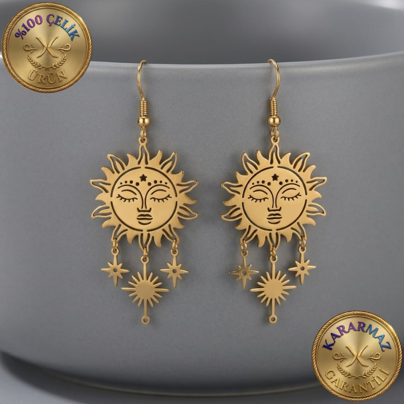 Mistik Güneş Yüzü ve Yıldız Sallantılı Gold Kararmaz Çelik Küpe