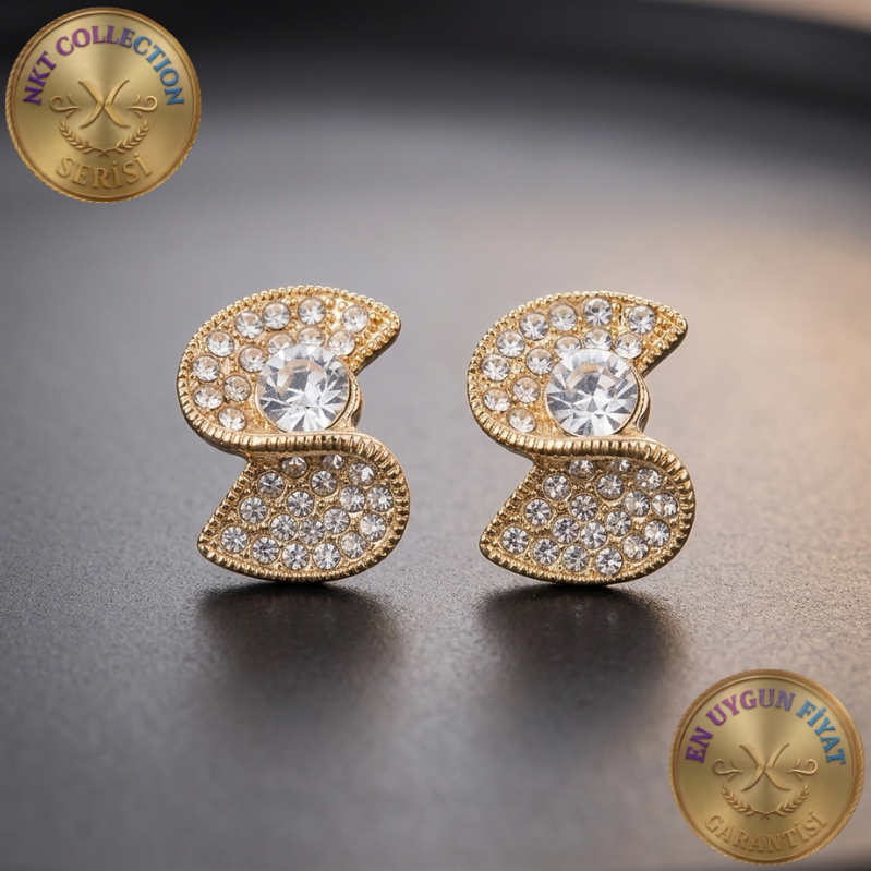 Modern S Formlu Kristal Taşlı Gold Küpe