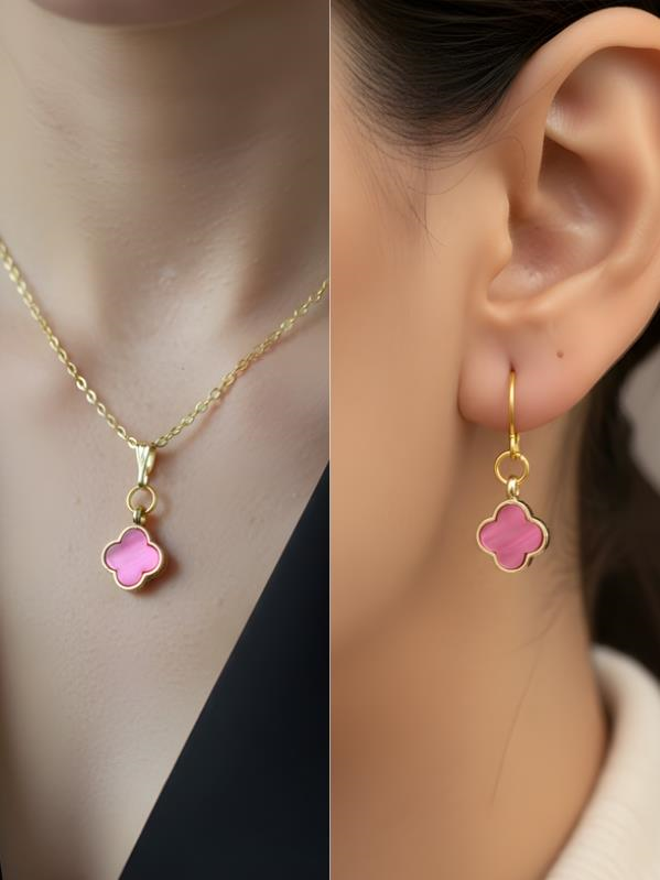 Pembe Dört Yaprak Detay Kadın Kolye Küpe Set
