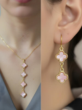 Pembe Dört Yaprak Detay Kadın Kolye Küpe Set