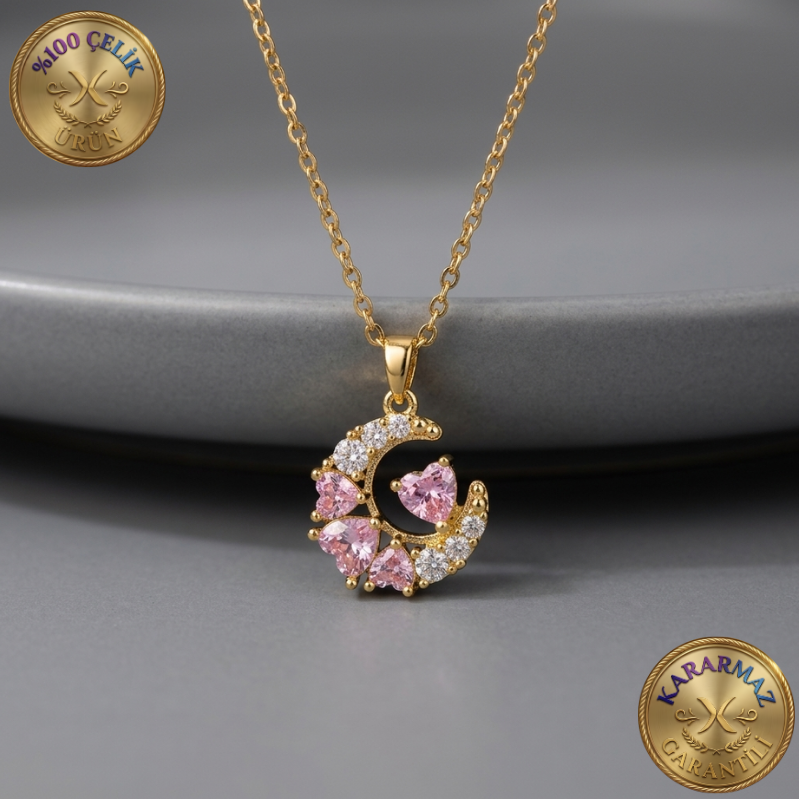 Pembe Kalpli ve Zirkon Detaylı Hilal Motifli Kararmaz Çelik Kolye