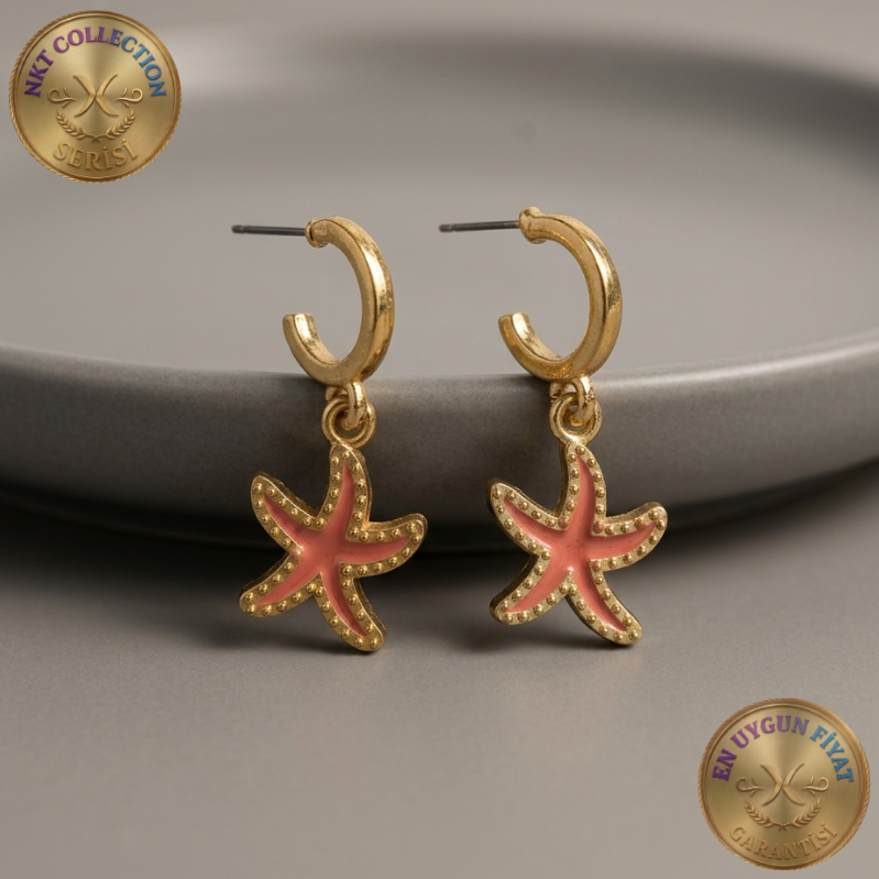 Pembe Mineli Deniz Yıldızı Sallantılı Gold Renk Küpe