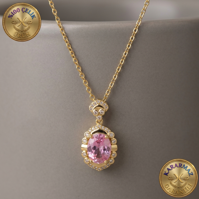 Pembe Oval Taşlı Zirkon Detaylı Kararmaz Çelik Kolye