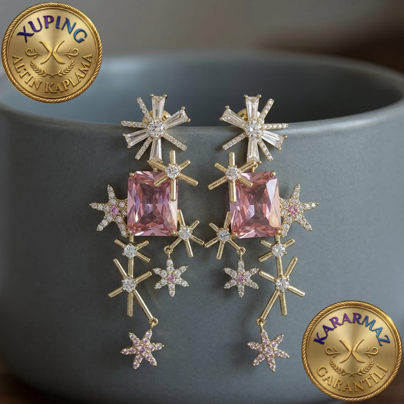 Pembe Zirkon Taşlı Altın Kaplama Gold Yıldız Detaylı Gösterişli Abiye Küpe