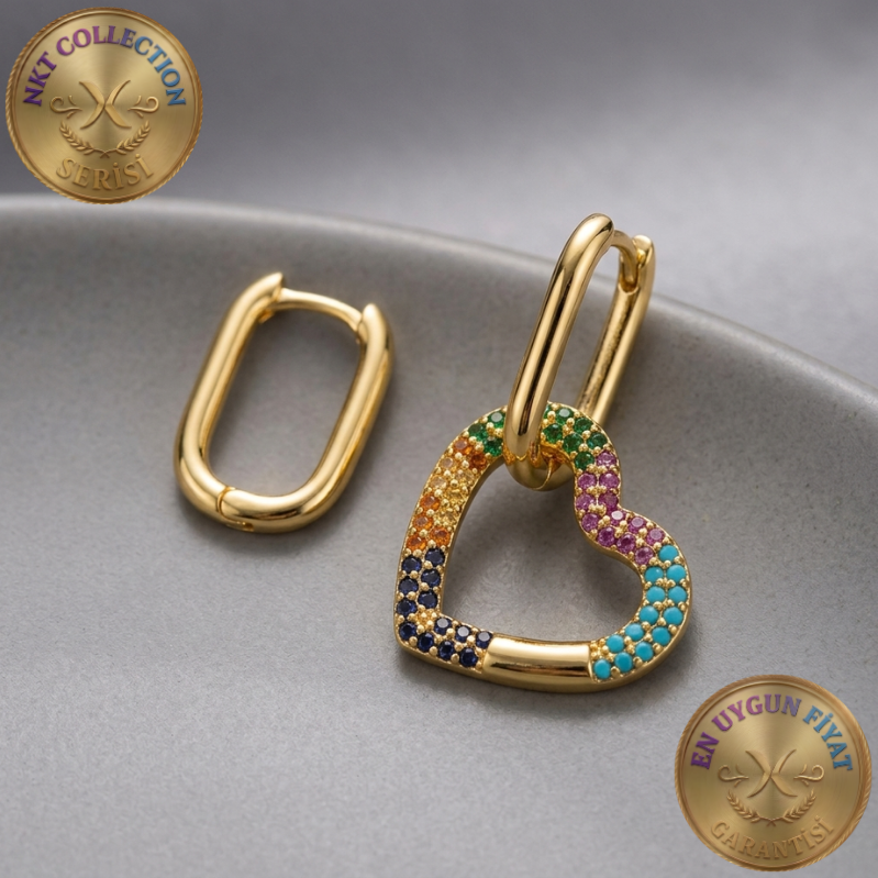 Renkli Taşlı Kalp Figürlü Gold Halka Küpe