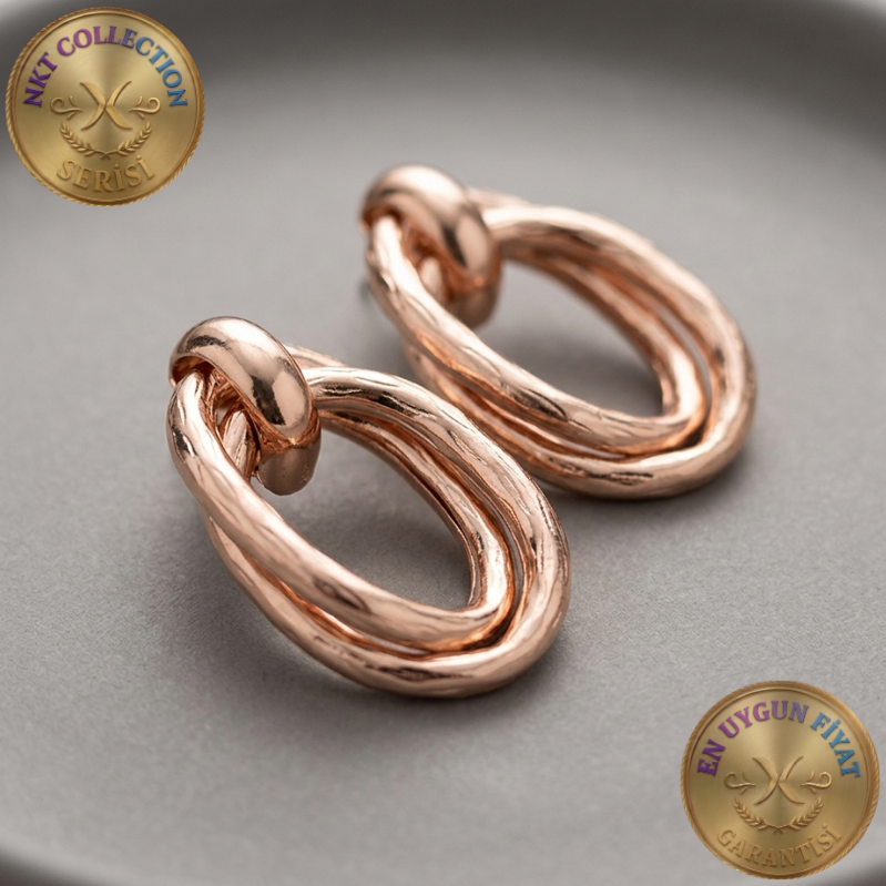 Rose Renkli İç İçe Geçmiş Halkalı Modern Küpe