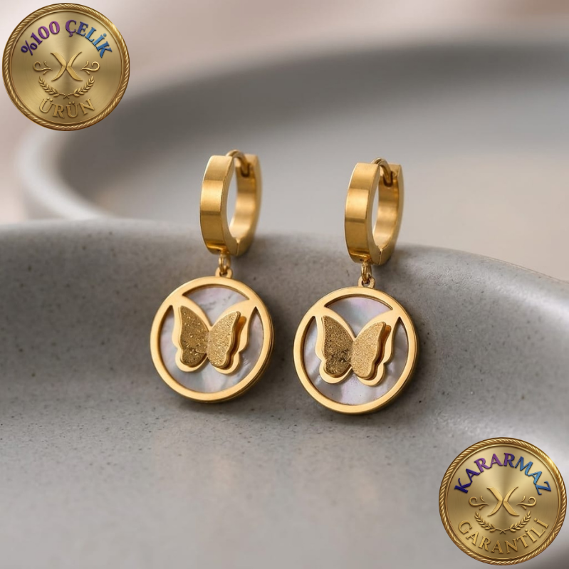 Sedef Zeminli Kelebek Motifli Gold Sallantılı Kararmaz Çelik Küpe
