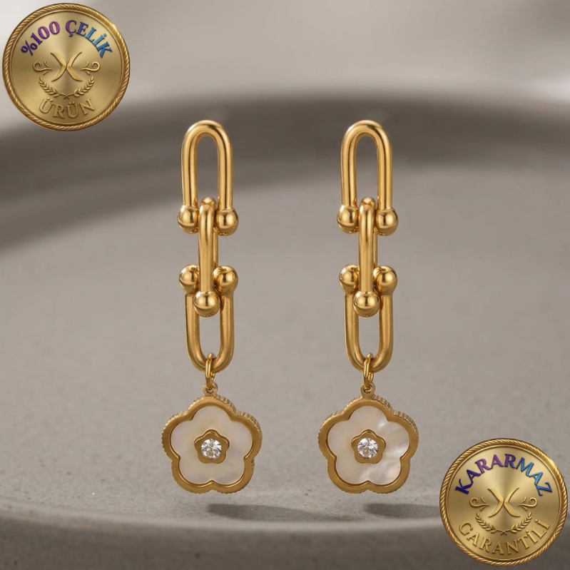 Sedefli Çiçek Detaylı Gold Zincir Sallantılı Kararmaz Çelik Küpe