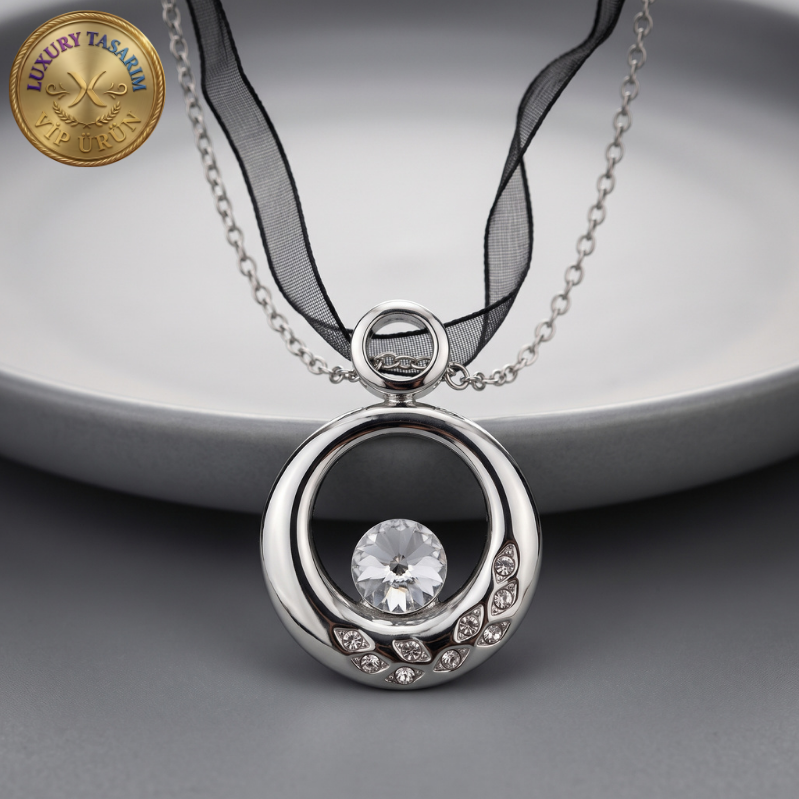 Tek Taş ve Zirkon Detaylı Halka Motifli Siyah Kurdeleli Luxury Kolye