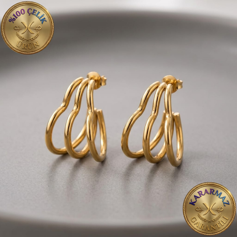 Üç Katmanlı Açık Kalp Silüetli Gold Kararmaz Çelik Küpe