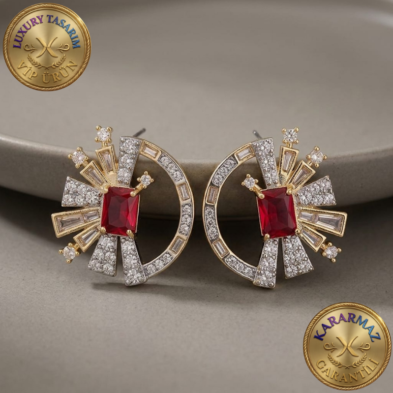 Yakut Kırmızı Taşlı Art Deco VIP Tasarım Küpe