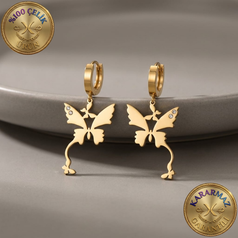 Zirkon Taş Detaylı Kelebek Motifli Gold Sallantılı Kararmaz Çelik Küpe