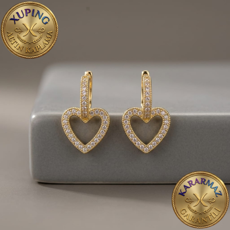 Zirkon Taşlı Altın Kaplama Gold Çerçeve Kalp Sallantılı Küpe