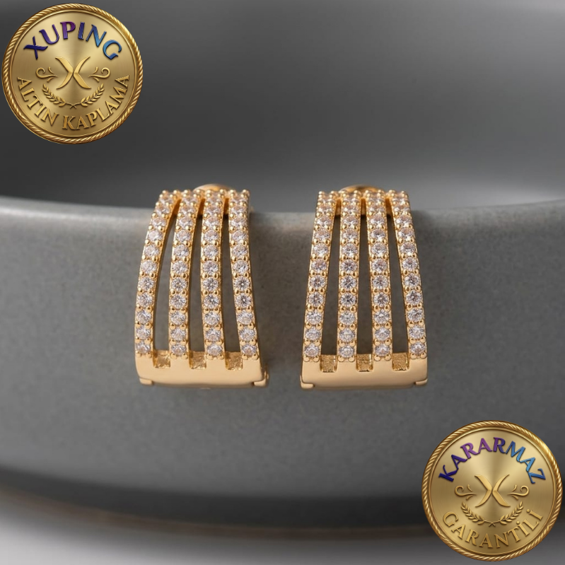 Zirkon Taşlı Altın Kaplama Gold Dört Sıralı Yarım Halka Küpe