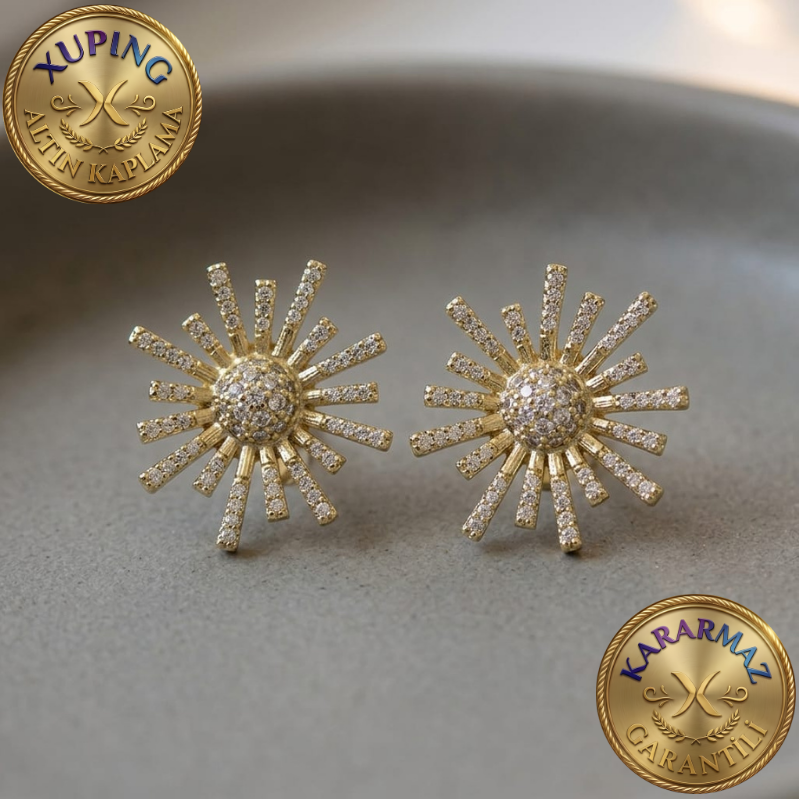 Zirkon Taşlı Altın Kaplama Gold Güneş Işığı Motifli Küpe