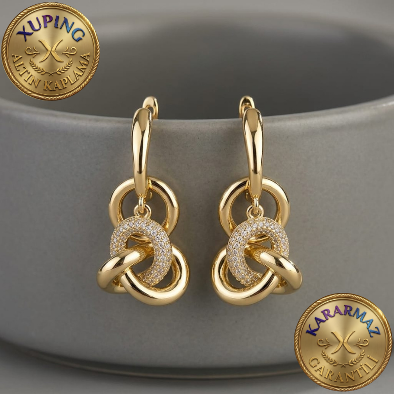 Zirkon Taşlı Altın Kaplama Gold İç İçe Geçmeli Halka Küpe