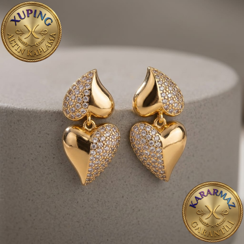 Zirkon Taşlı Altın Kaplama Gold İkili Kalp Sallantılı Küpe